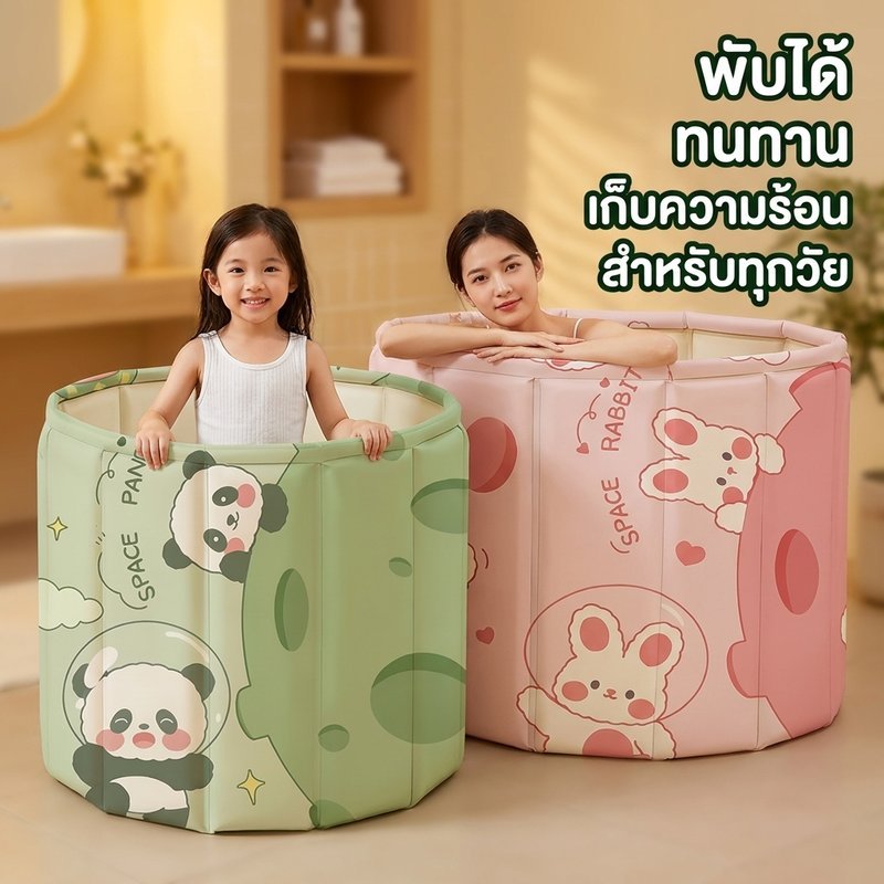 อ่างอาบน้ำพับได้ PVC ทนทาน สำหรับผู้ใหญ่และเด็ก ประหยัดพื้นที่ มีท่อระบายน้ำ มีเบาะรองนั่ง สบายตัว