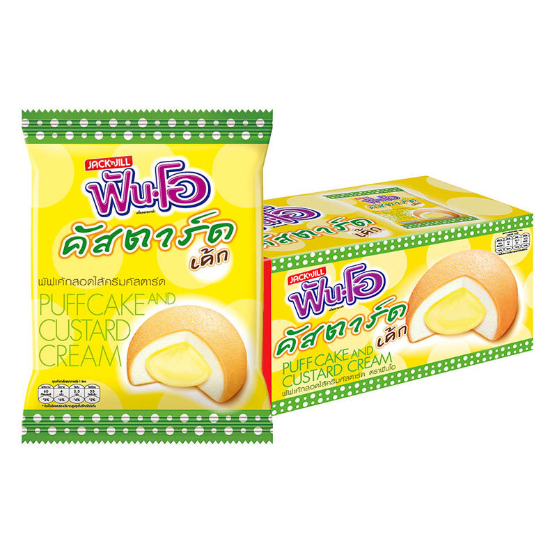 ฟันโอ พัฟเค้กสอดไส้ครีมคัสตาร์ด 15 ก. x 12 (FUN O Puff Cake Custard Cream 15 g x 12) โปโลแมน POLOMAN