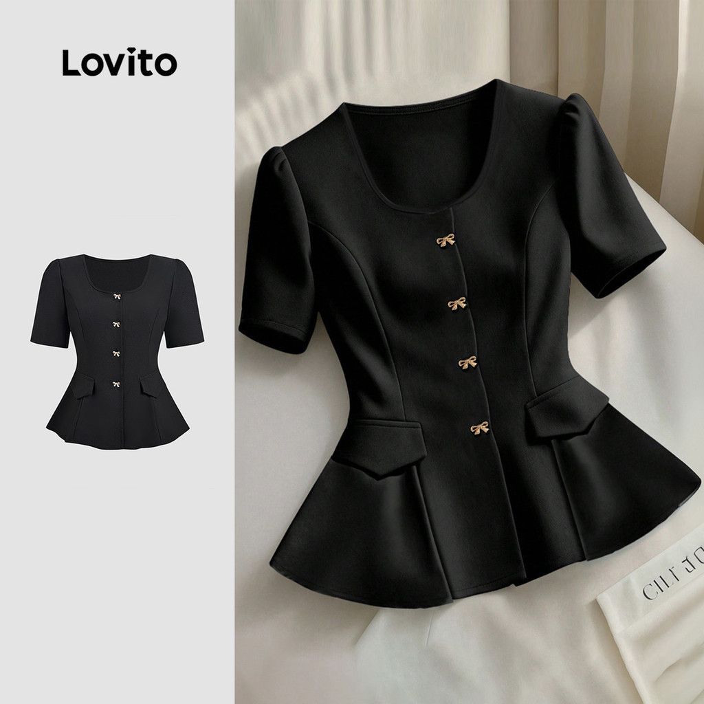 Lovito เสื้อเบลาส์หรูหรา คลาสสิก และใช้งานได้หลากหลาย เหมาะสำหรับใส่ทำงาน ผูกโบว์ด้านหน้า เสื้อเบลาส์สีดำสวยงามสำหรับฤดูใบไม้ผลิ/ฤดูร้อนสำหรับผู้หญิง L158ED1583