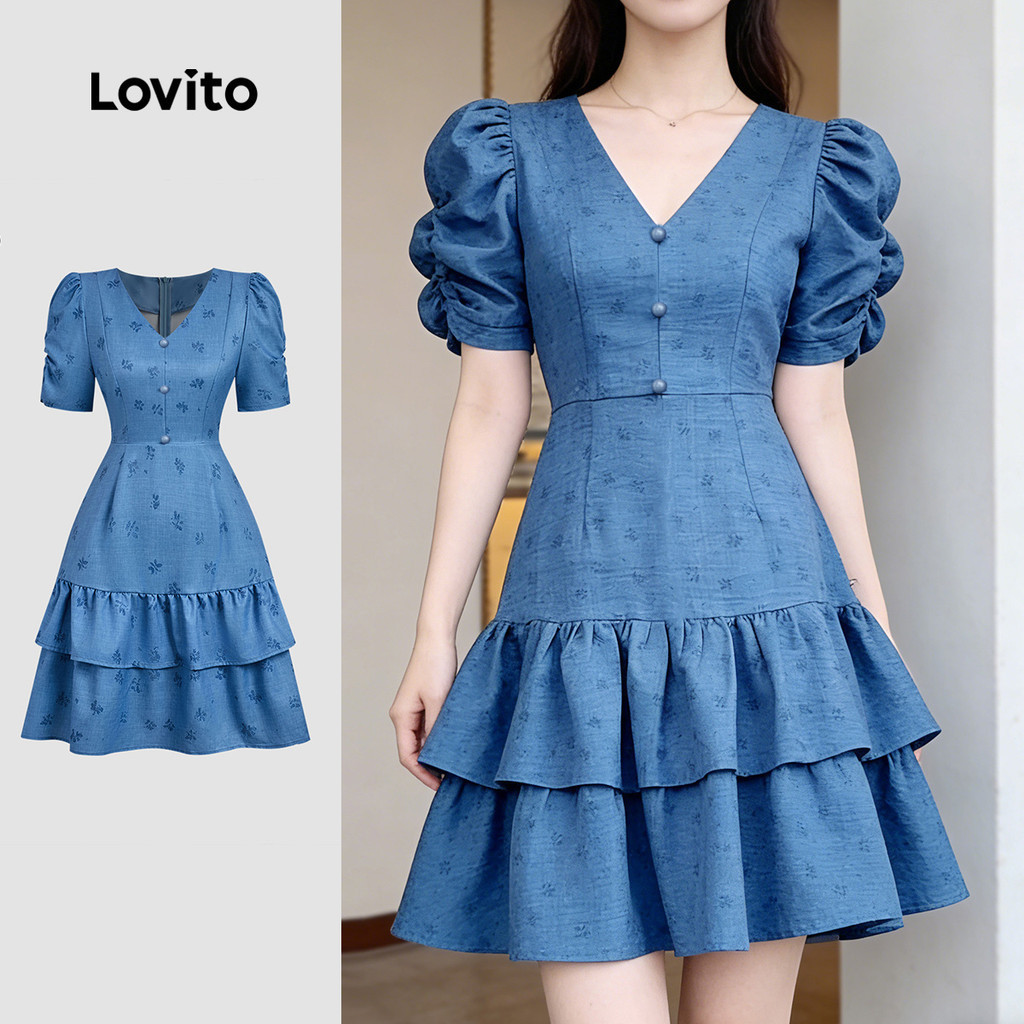 Lovito เดรสผู้หญิงสีฟ้า แต่งระบาย กระดุมหน้า มีซิป สไตล์เรียบหรู เหมาะสําหรับฤดูใบไม้ผลิ/ฤดูร้อน L184LD613