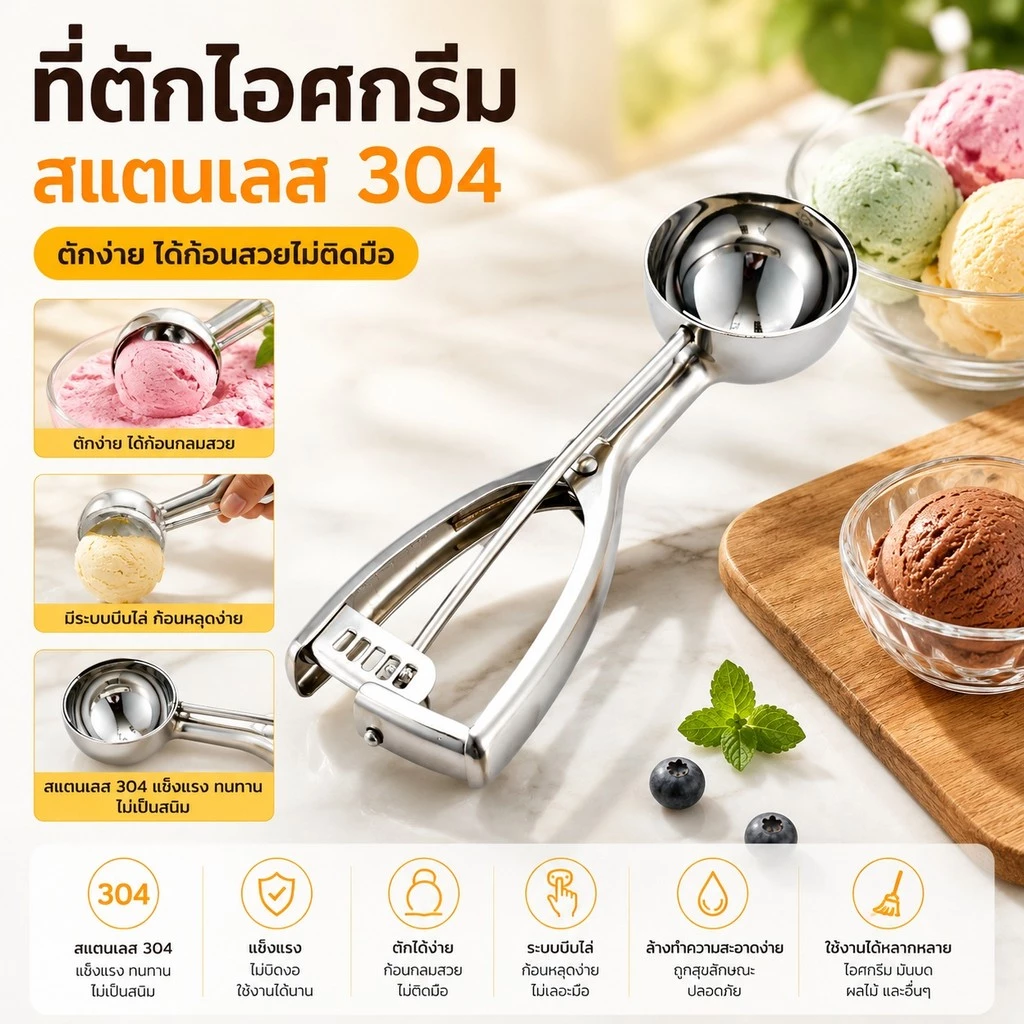 ที่ตักไอศกรีมสแตนเลส ช้อนตักไอติม ขนาด 4/5/6 ซม. ใช้กับอาหารได้ S00169