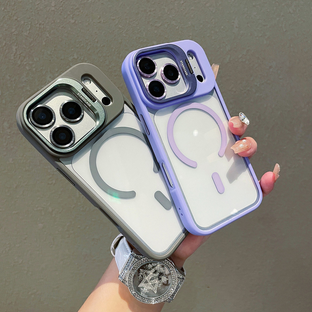 เหมาะสําหรับ iphone17promax Magnetic Bracket เคสโทรศัพท์ Apple 16 โปร่งใส 15pro พร้อมฟิล์มเลนส์ 14/13