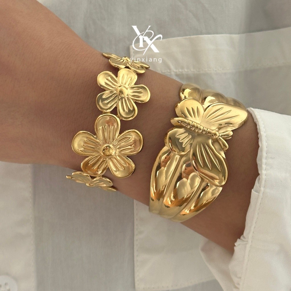 YX สแตนเลส 3D ผีเสื้อดอกไม้เปิดกําไลข้อมือสร้อยข้อมือผู้หญิง Vintage Y2K Cuff Party ของขวัญอินเทรนด์
