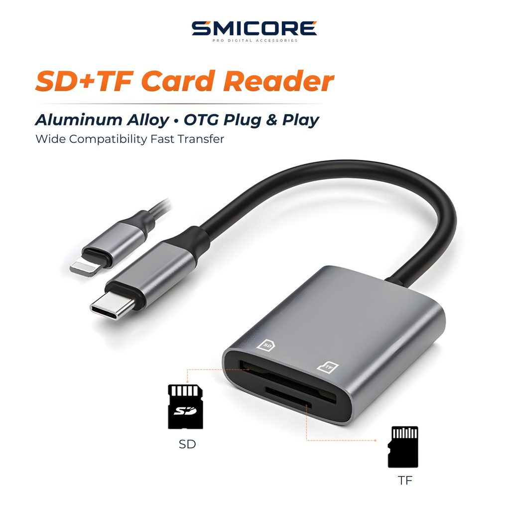 เครื่องอ่านการ์ด SD/TF 2-in-1 OTG Type-C USB-C อะลูมิเนียม ใช้กับมือถือ แท็บเล็ต โน้ตบุ๊ก