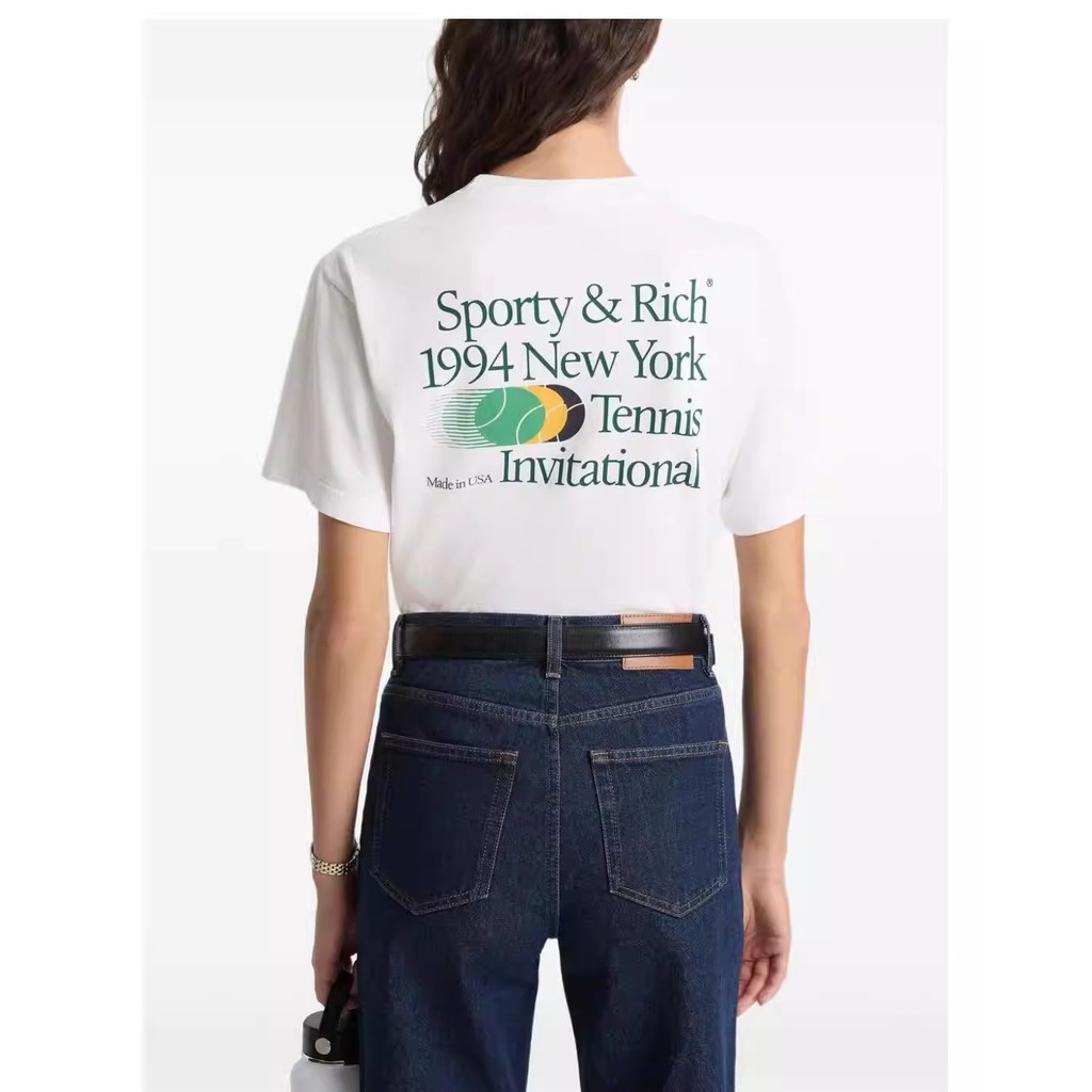 SPORTY & RICH สไตล์ใหม่ Casual Street Wear รูปแบบพิมพ์รอบคอผ้าฝ้ายแท้แขนสั้น 545646