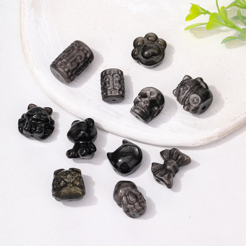 ธรรมชาติเงิน Obsidian แกะสลักขนาดเล็ก Lion Cat ลูกปัดอุปกรณ์เสริมสร้อยข้อมือสร้อยคอ All-Match Handma