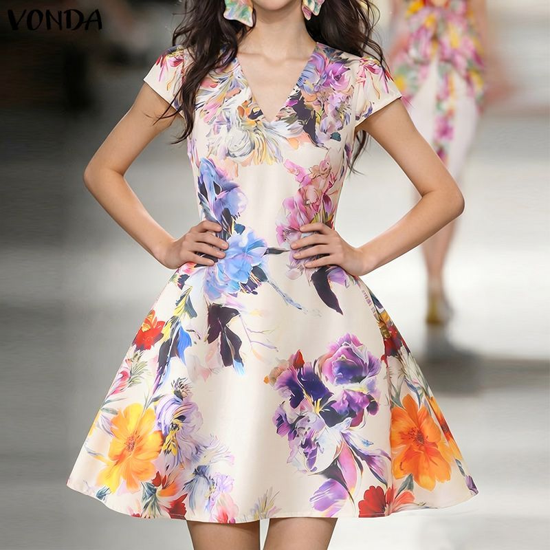 VONDA ผู้หญิงเกาหลี Elegant โรแมนติกปาร์ตี้ V คอ Fly Sleeve พิมพ์ลายดอกไม้ Flare A-Line Dresses — صورة 4