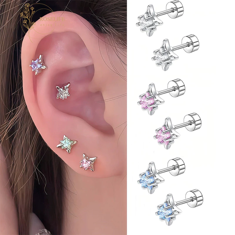 Roselife เกาหลี S925 เงิน 2 ชิ้นคริสตัล Star Pierced สกรูต่างหูผู้หญิงเลือกฟรีหู Studs เครื่องประดับ