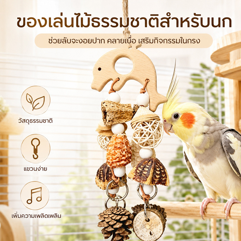 เซ็ตของเล่นแทะพรีเมียมจากวัตถุดิบธรรมชาติ ของเล่นหัดกัดแทะสำหรับนก จันทน์เทศ ถั่ว ลูกสน เมล็ดสับปะรดป่า ซังข้าวโพด