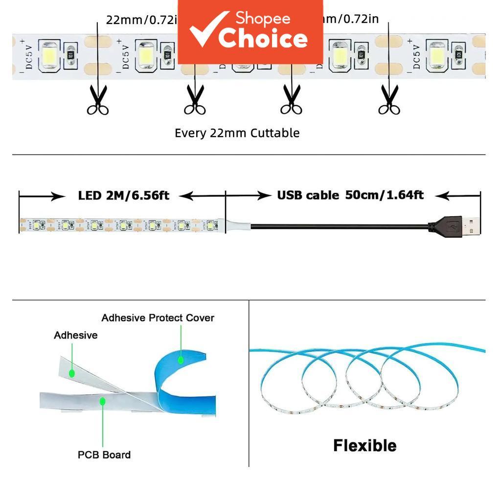 DC 5V USB 2835 แถบไฟ LED 1-5M – เทปยืดหยุ่นสีขาว/สีขาวอบอุ่นสําหรับพื้นหลังทีวีตกแต่งบ้าน