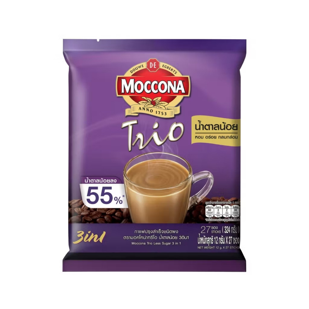 มอคโคน่า ทรีโอ น้ำตาลน้อยกาแฟสำเร็จรูป Moccona Trio Less Sugar 12g. Pack27