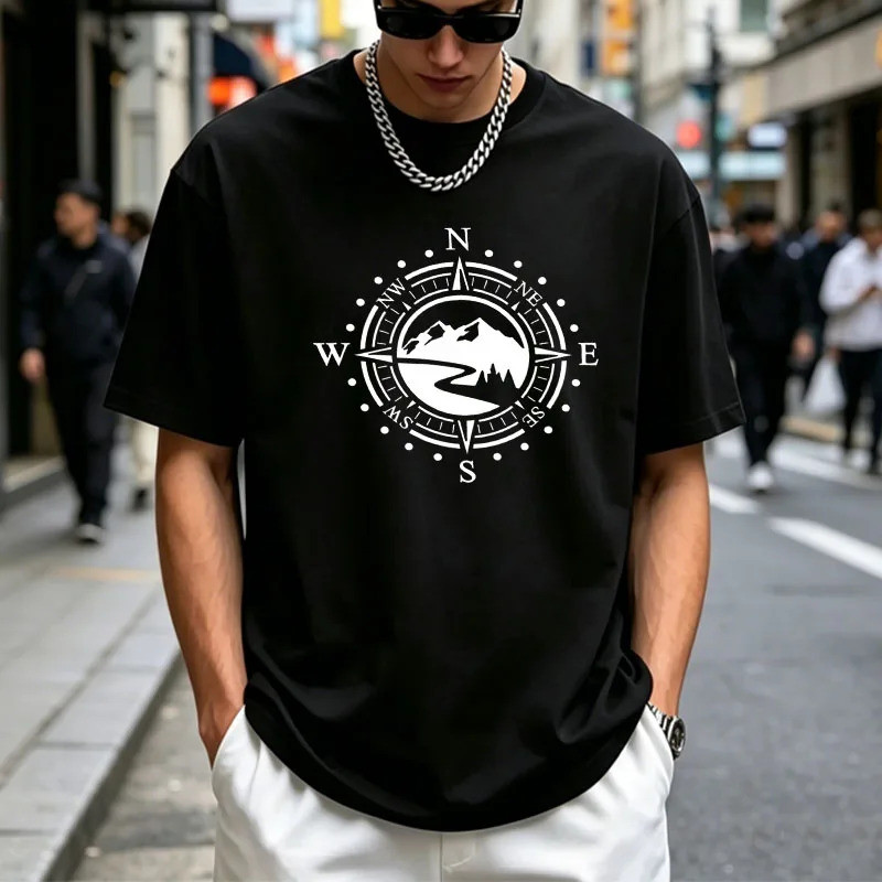 เสื้อยืดผู้ชายลายพิมพ์ Compass Mountain ผ้าฝ้าย 100% ลำลอง ใส่ได้ทั้งชายและหญิง แขนสั้น