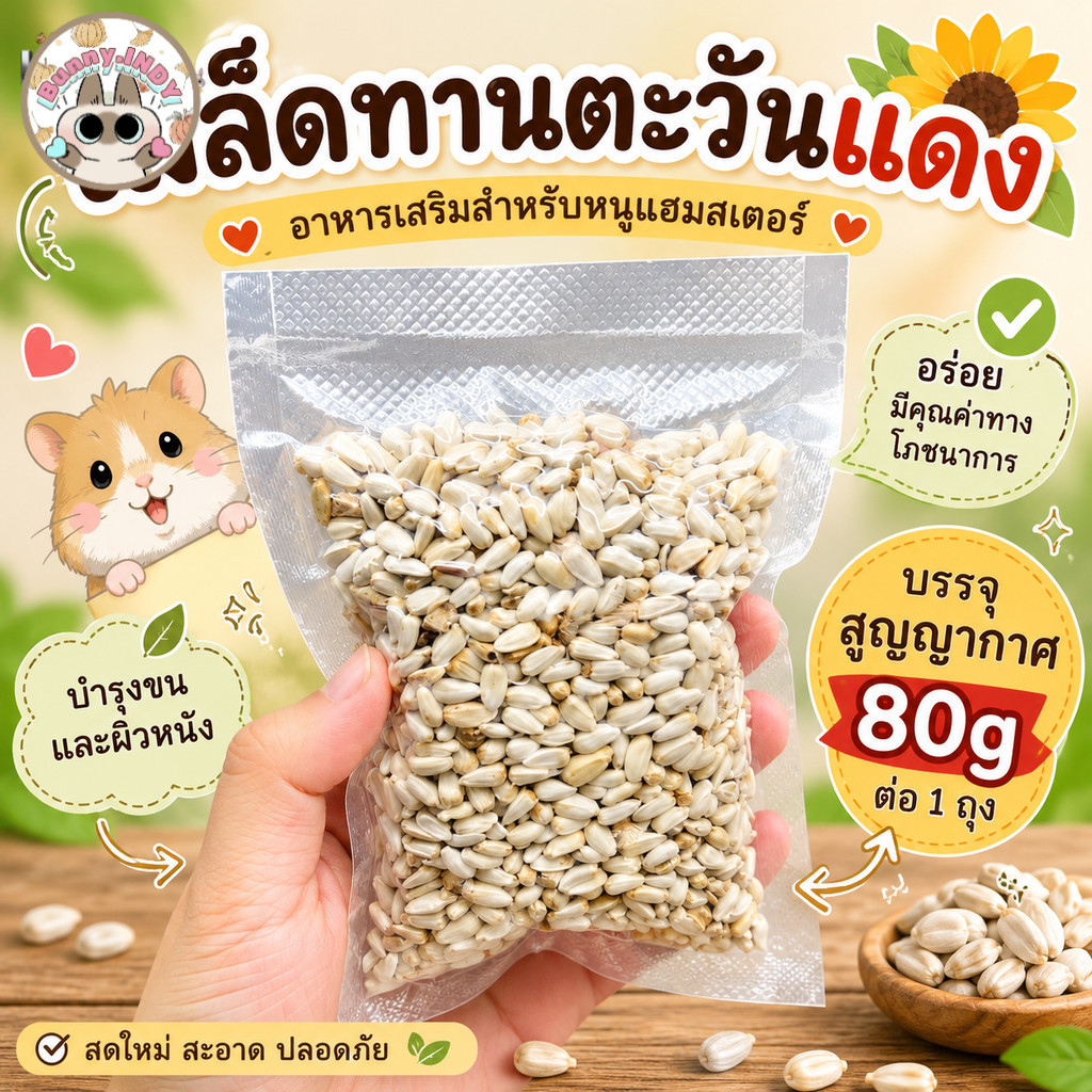 Bunny.indy เมล็ดทานตะวันแดง (80g) อาหารเสริมแฮมสเตอร์และนกแก้ว หอมมัน ขนสวยเงางาม