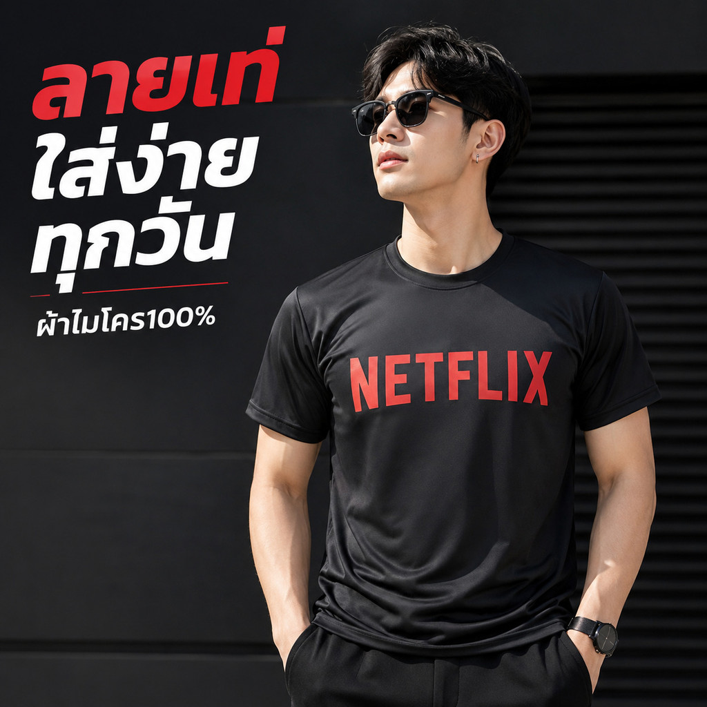 เสื้อสกรีนลาย NETFLIX ใส่เท่ห์ๆคลูๆ ผ้าไมโครเนื้อสัมผัสเย็นสบาย ไม่อับชื้น ผ้านิ่ม ลื่นใส่สบาย