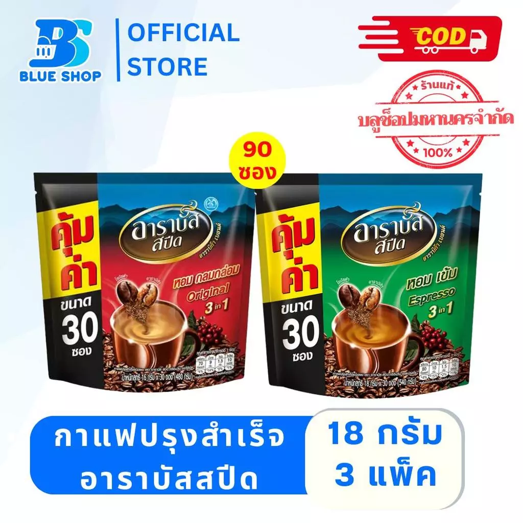 ( 3 ถุง ) อาราบัสสปีด กาแฟปรุงสำเร็จ 3อิน1 รสออริจินัล 18 กรัม (แพ็ค 28 ซอง)