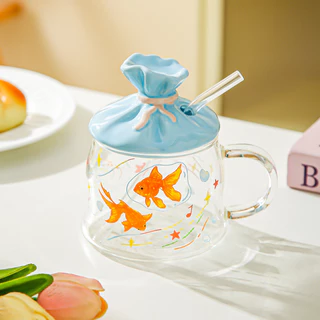 🍋500 มล.แก้วน้ําปลาทองนําโชคขนาดพร้อมฝาปิด & หลอด🐟 | ถ้วยชา บอโรซิลิเกตสูงมีหูจับ | ถ้วยนมไมโครเวฟได้ | ถ้วยกาแฟ