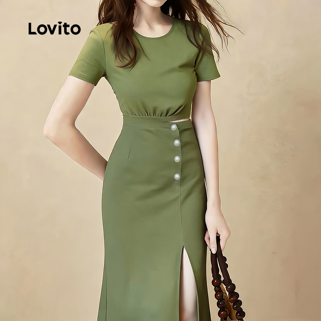 Lovito สง่างาม เดรสซิปสีเขียวสําหรับฤดูร้อนฤดูใบไม้ผลิสําหรับผู้หญิง L182LD036