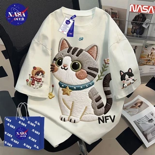 【ของพร้อมส่ง ส่งใน 24 ชั่วโมง】🔥NASA เสื้อฤดูร้อน ยูนิเซ็กส์ แขนสั้น สตรีท ลายแมวปัก🐱ทรงใหญ่ เทรนด์ คอกลม เสื้อ YG4721
