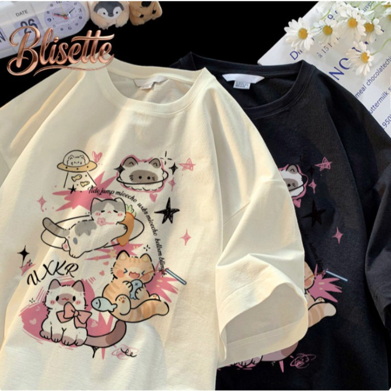【 จัดส่งจากประเทศไทย 】เสื้อยืดแขนสั้นคอกลมสำหรับผู้หญิง สไตล์เกาหลี พิมพ์ลายแมวการ์ตูนขนาดใหญ่ สวมใส่สบาย