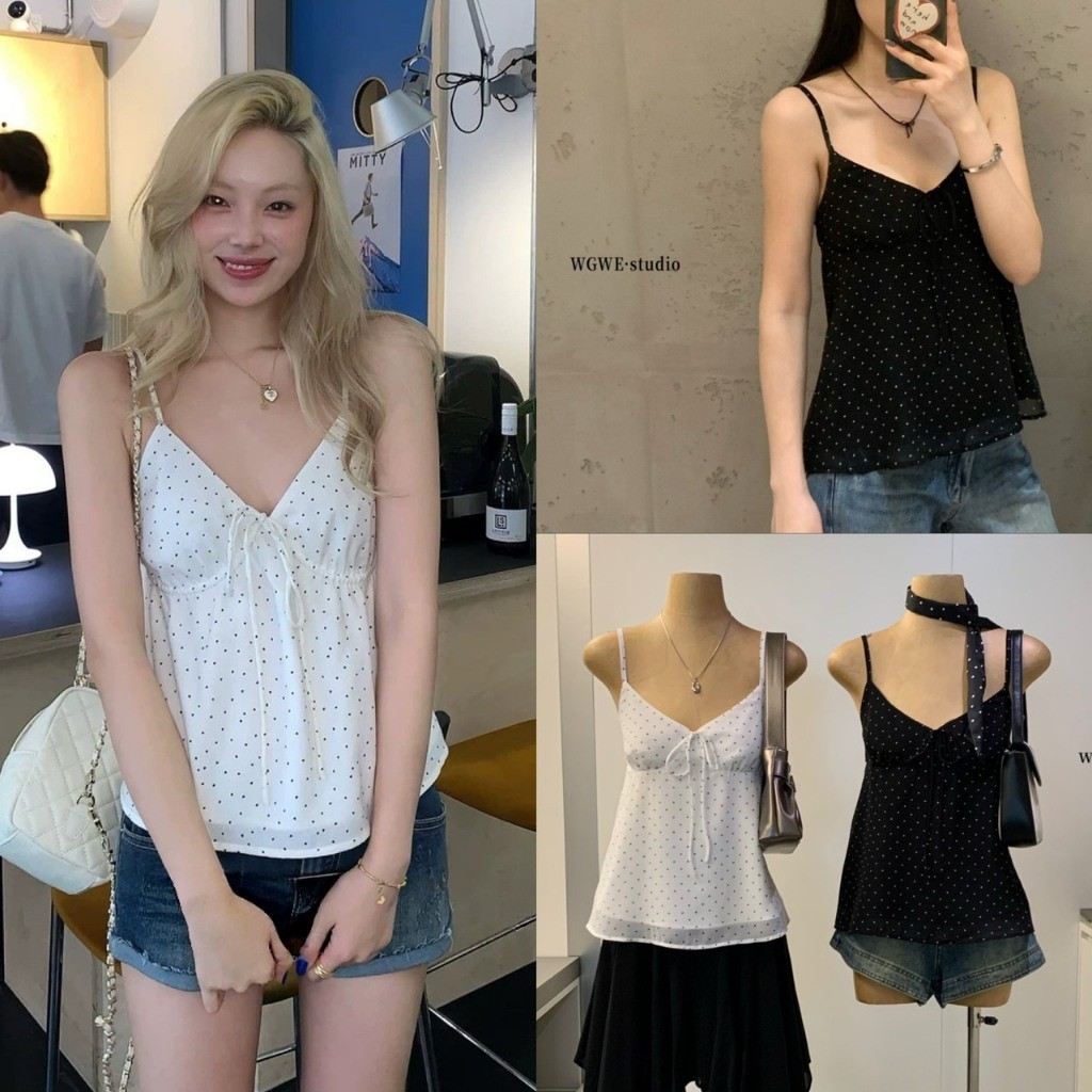 ❤ 🧵 🇰🇷 W9701 สายเดี่ยว ลายจุด polka dot ด้านหลังแต่งสมอค สายปรับได้ ผ้าดีใส่สบาย ทรงสวย แฟชั่นเกาหลี TAG WG.WE 🧡