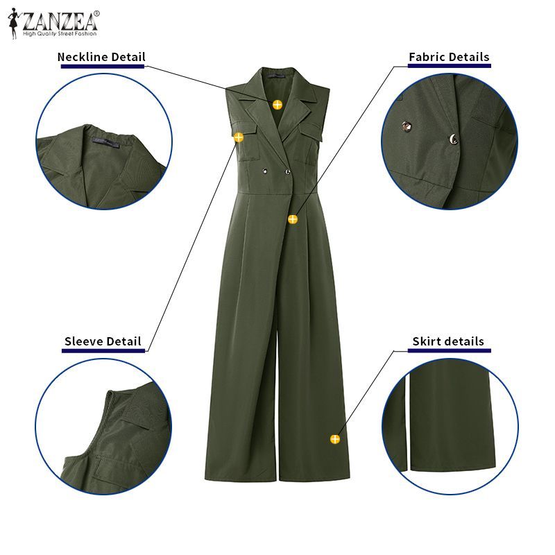 ZANZEA ผู้หญิงสํานักงานอย่างเป็นทางการเกาหลี OL Notch Lapel Double-Button แขนกุดขากว้าง Elegant Jumpsuits — صورة 7