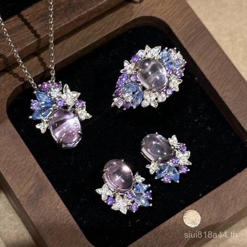 หรูหราพรีเมี่ยม Retro Monet Wisteria Amethyst เพชรเต็มสร้อยคอแหวนต่างหูแฟชั่นประณีตประณีตชุด DHS5