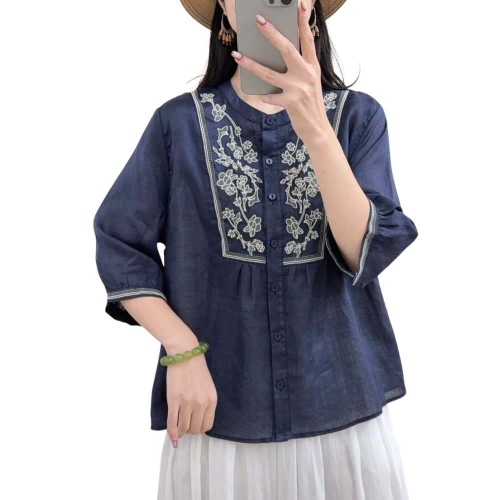 CP Retro ปักผ้าฝ้ายผ้าลินินเสื้อผู้หญิงฤดูร้อนสไตล์ใหม่ Classy All-Match สุภาพสตรี Five-Poin