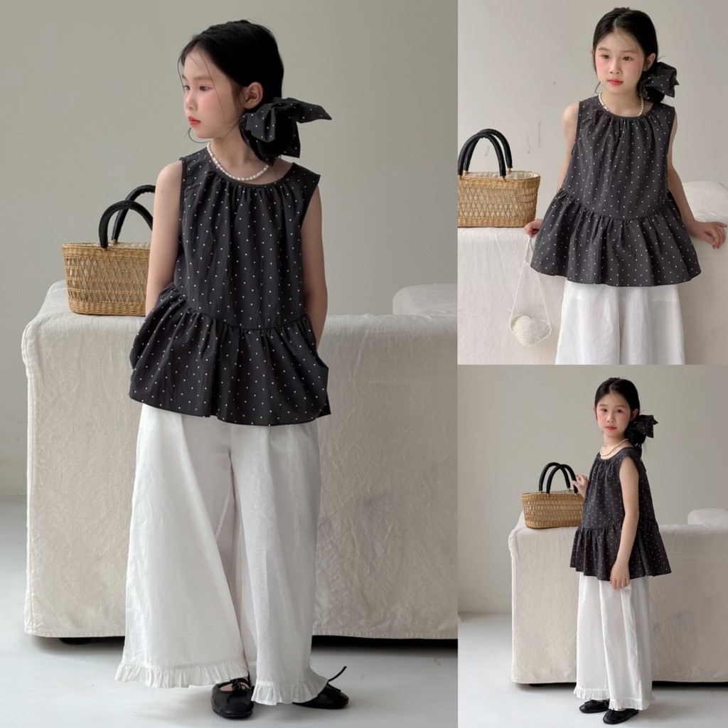 PRETTY BABY เสื้อเด็ก เสื้อแขนกุด ลายจุด แถมยางรัดผม กางเกงขายาว ทรงกระบอก แต่งชายระบาย(2234)