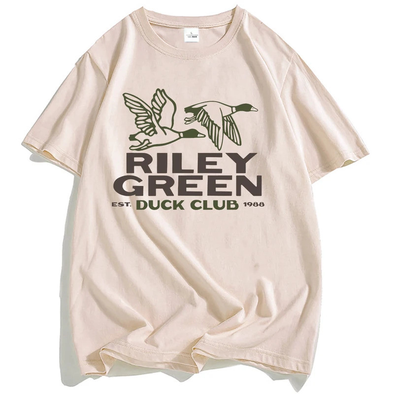 EST 1988 Duck Club เสื้อยืดครอป RILEY GREEN วินเทจ เสื้อยืดแขนสั้นสำหรับผู้ชาย ผ้าฝ้าย เสื้อยืดลายกร
