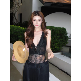 Vogue🌟พร้อมส่ง🌟 เสื้อบอดี้สูทสายเดี่ยวคอวี ซีทรูผ้าลูกสุดเซ็กซี่ ดีไซน์สุดเก๋ (FY5138)