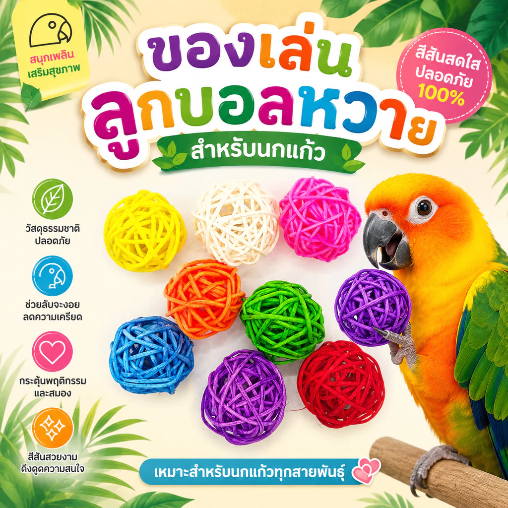 Parrot.Thailand ลูกบอลหวายของเล่นนกแก้ว ของเล่นนก 3cm / 5cm ลับจะงอยปาก แก้เครียด สีสันสดใส ปลอดภัย 100%