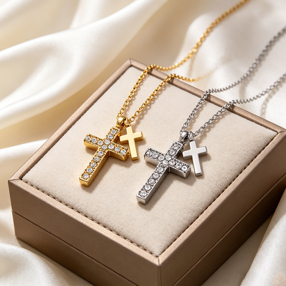 สร้อยคอผู้หญิง ไม้กางเขน ฝังเพชร สแตนเลส ชุบทอง18k Gold Plated Diamond Cross Necklace Women's