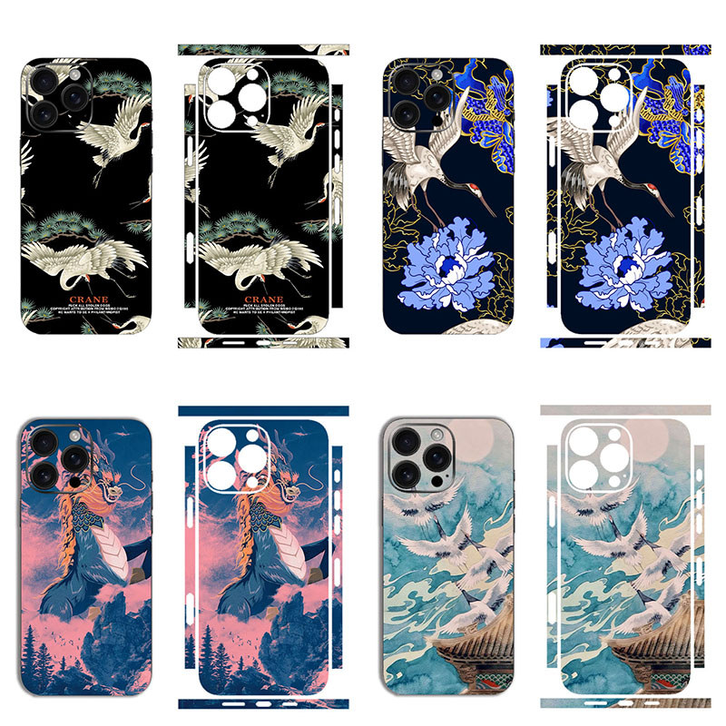 Oriental Aesthetic Crane Dragon รูปแบบ Matte โทรศัพท์สติกเกอร์ผิวสําหรับ iPhone 12 13 14 15 16 17 Pro Max Full Wrap Anti-Scratch Decal ไม่มีสารตกค้าง