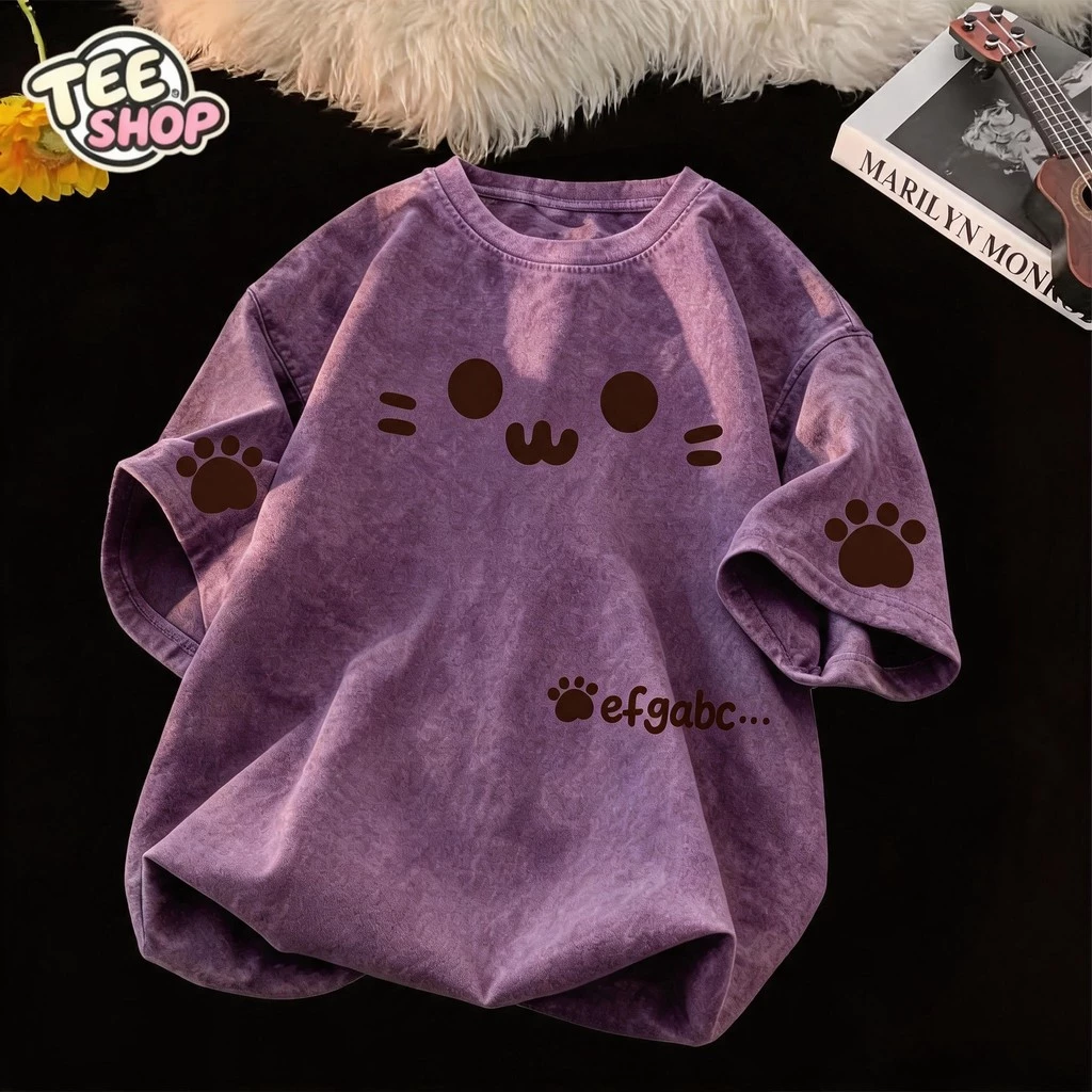 TEE·SHOP🍀เสื้อยืดฟอก เสื้อวินเทจ เสื้อยืด oversize ลาย ' Cat Paw ' เกาหลี พิมพ์ลาย ผ้านิ่มใส่สบาย S-3XL COD📦