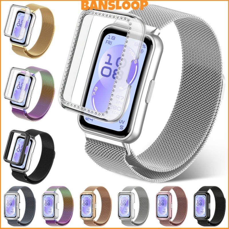 กรณีพีซีเพชร Milanese Loop สายรัดโลหะ for Huawei Band 11/11 Pro/10 9 8 สายพานสร้อยข้อมือป้องกันหน้าจอ อุปกรณ์เสริมฝากกัน