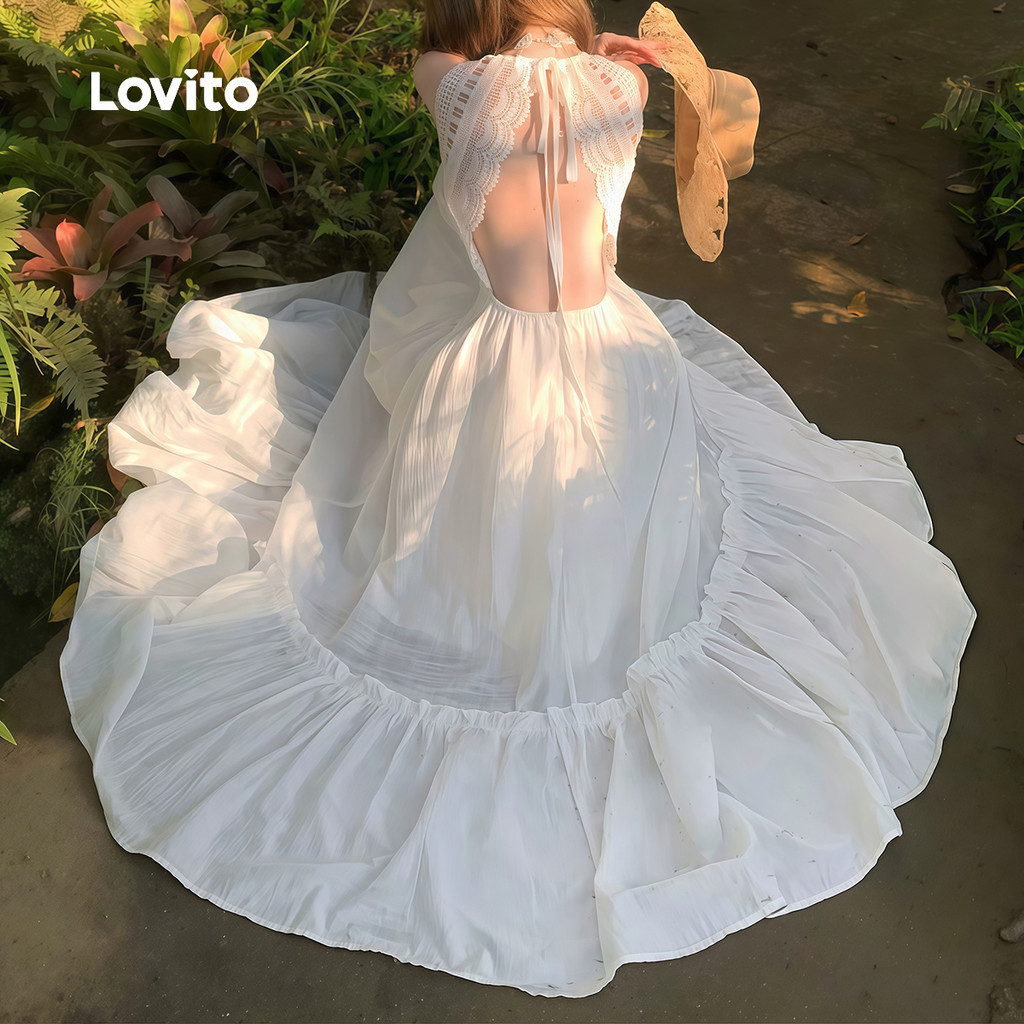 Lovito โบโฮ เดรสผูกหลัง ลูกไม้ เดรสสีขาวฤดูใบไม้ผลิ/ฤดูร้อนสําหรับผู้หญิง L191AD055