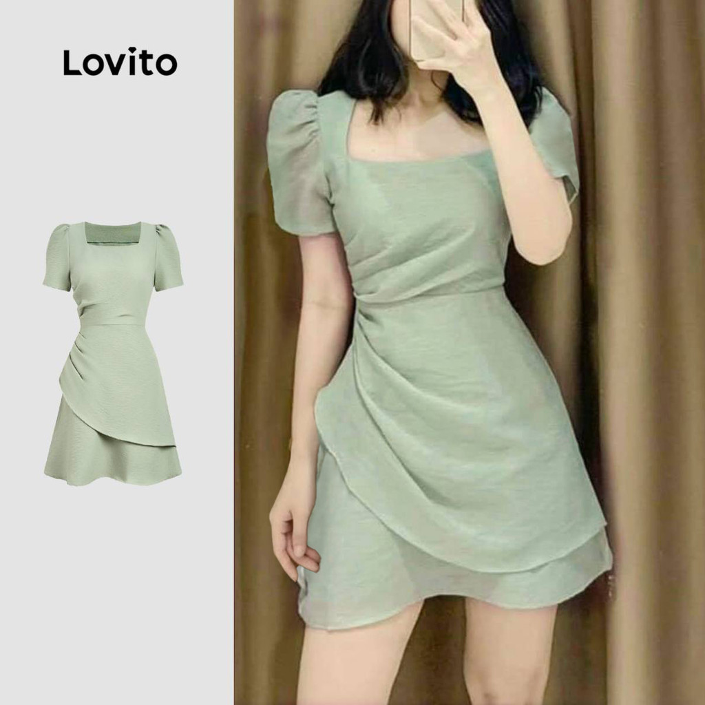Lovito  เดรสลําลองจีบพลีทสีเขียวสําหรับฤดูร้อนฤดูใบไม้ผลิของผู้หญิง L177ED160