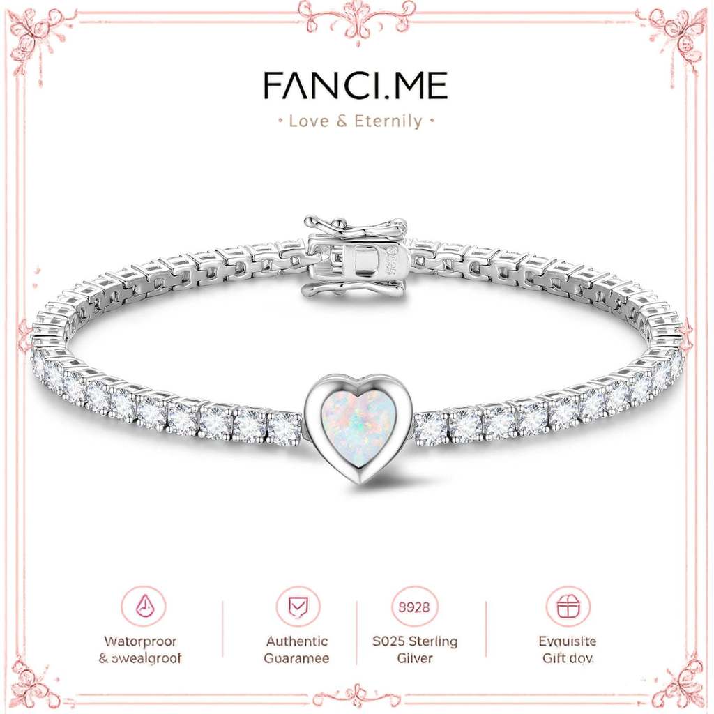 FANCIME "Axis" Heart Cut ตุลาคม Birthstone โอปอล สร้อยข้อมือเทนนิสเงินสเตอร์ลิง