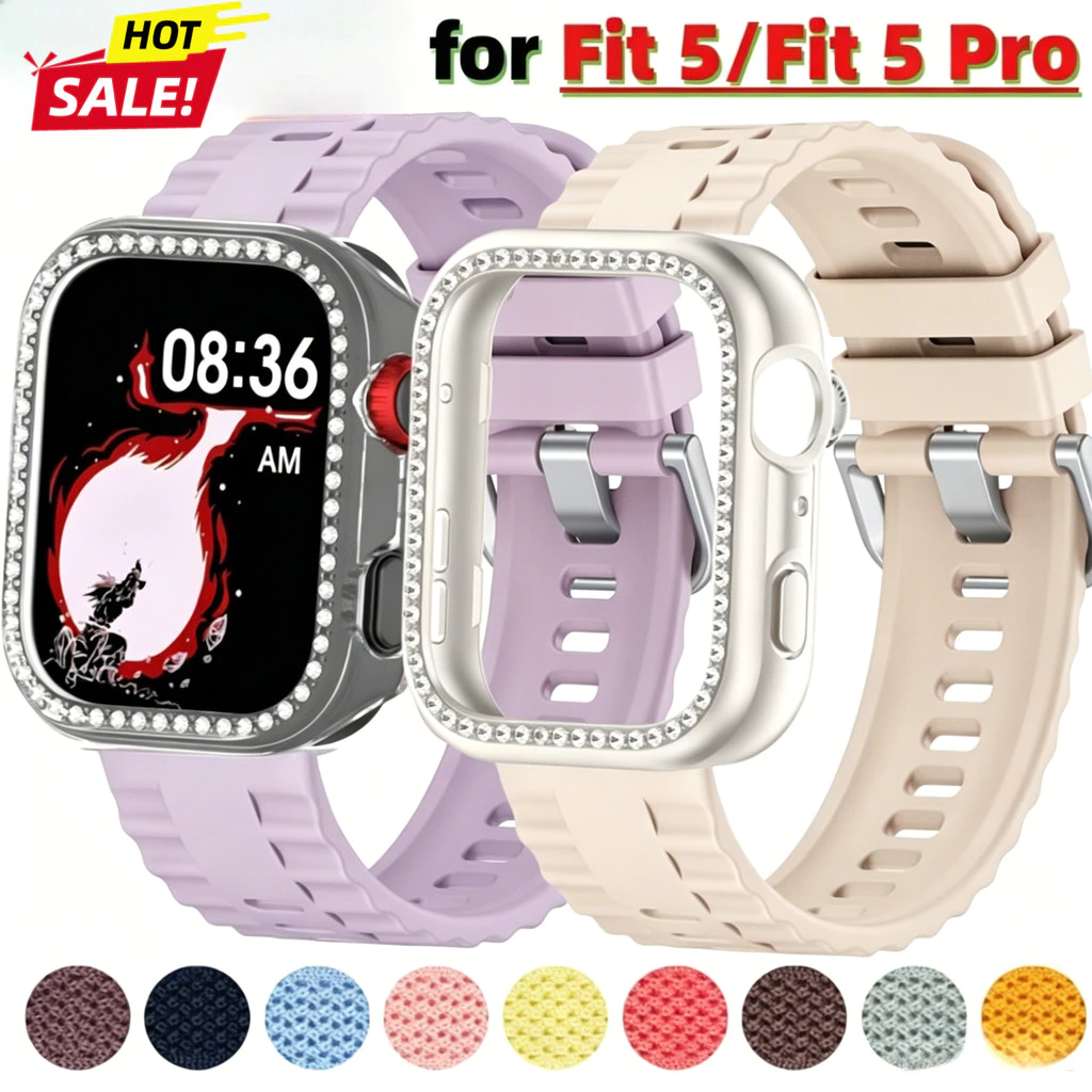 2in1 เพชรกรณี + สายซิลิโคนสําหรับ Huawei Fit 5 Fit5 Pro สร้อยข้อมือนุ่มสําหรับ Huawei Fit 4/4 Pro หน้าจอฝาครอบป้องกันอุปกรณ์เสริม