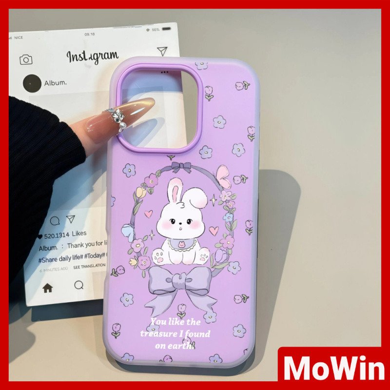MowinCase - ใช้ได้กับเคส iPhone 13, เคส iPhone 17 Pro Max, สีลูกกวาด, โปร่งแสง, ทูอินวัน ดอกไม้สีม่วงกับกระต่าย