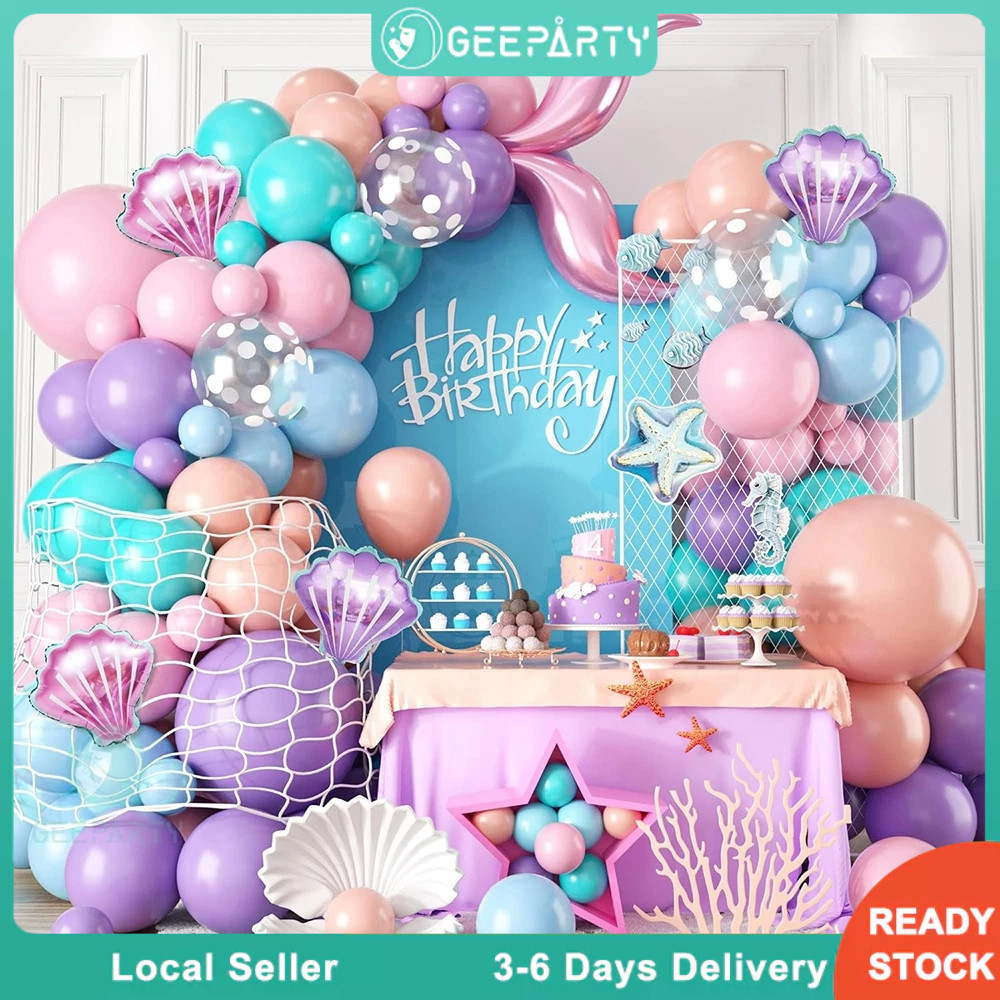 GeeParty 115 ชิ้น ชุดซุ้มลูกโป่งการ์แลนด์ นางเงือก Mermaid หางนางเงือก สีชมพู ฟ้าเขียว มาการอง ม่วง ฟ้า งานวันเกิดเด็กผู