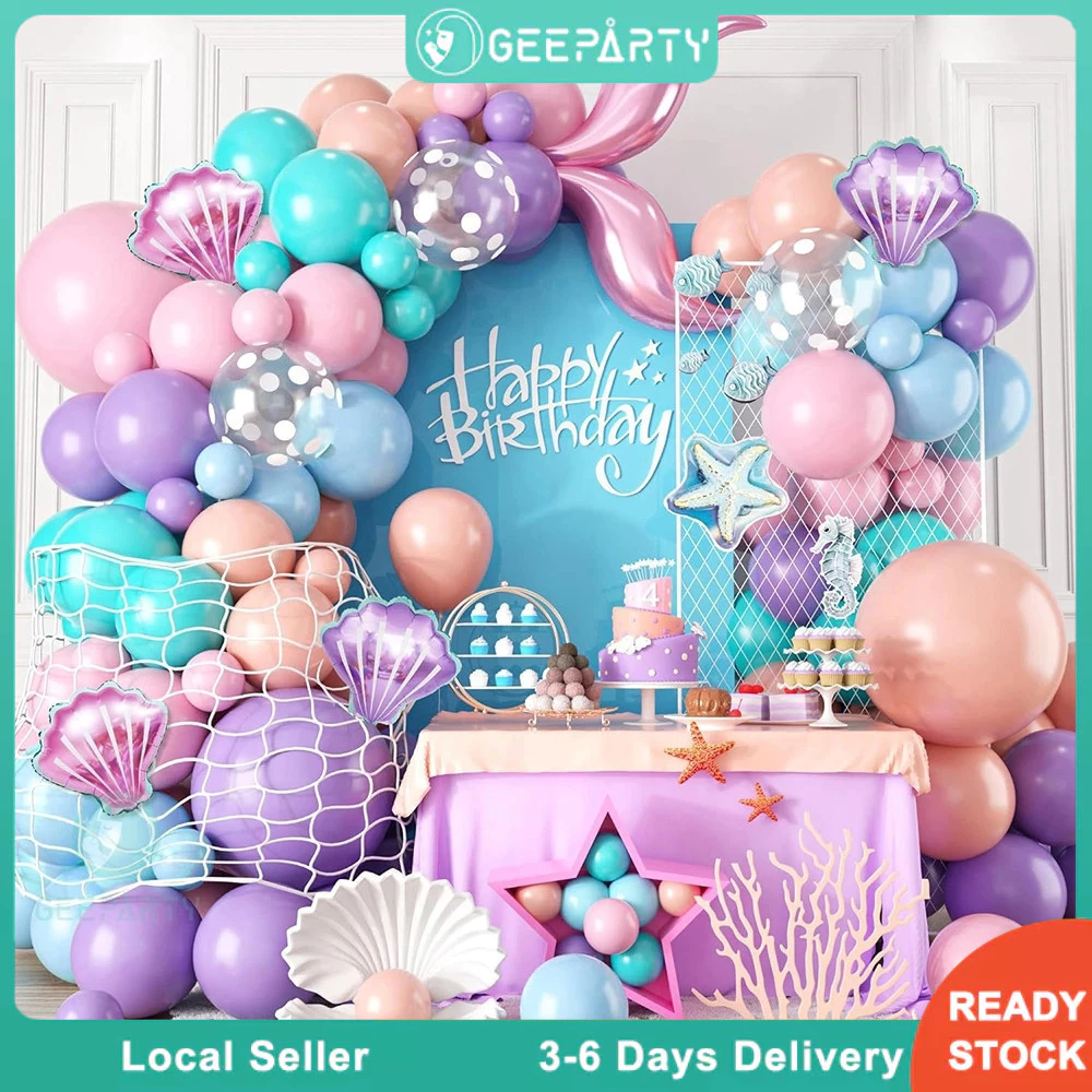 GeeParty 115 ชิ้น ชุดซุ้มลูกโป่งการ์แลนด์ นางเงือก Mermaid หางนางเงือก สีชมพู ฟ้าเขียว มาการอง ม่วง ฟ้า งานวันเกิดเด็กผู