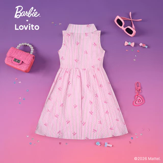 (New Arrival) Barbie™ X Lovito Kids ชุดเดรสสีชมพูเด็กผู้หญิง ฤดูใบไม้ผลิ/ร้อน ทรงปลายขาเข่า ปักลายและกระดุม เกาหลี อินเทรนด์ LBL5AD030