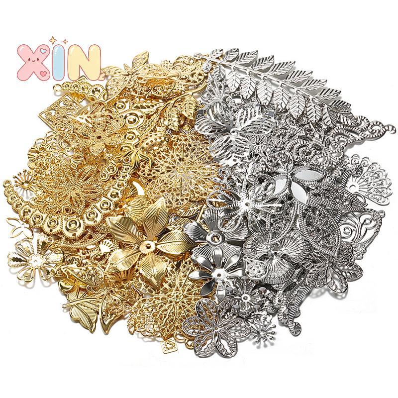 ^N^ 50g/lot ผสมโลหะดอกไม้ใบ Filigree Wraps Connectors จี้ลูกปัด Caps Charms สําหรับเครื่องประดับ DIY ทําหัตถกรรมอุปกรณ์