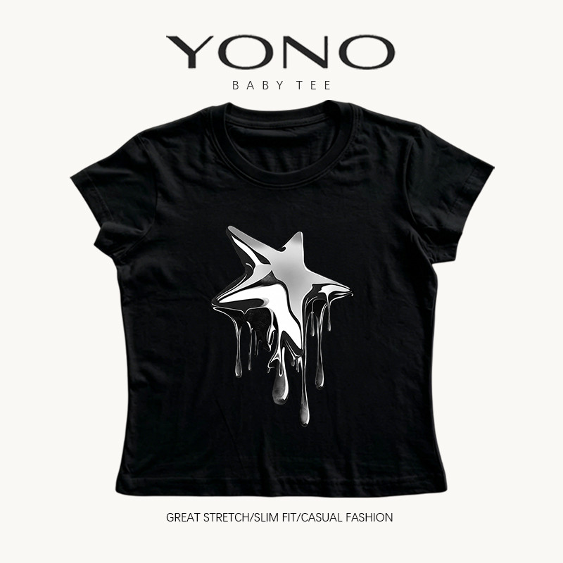 (พร้อมส่ง24ชม.) baby tee สีดำ ลายดาวเมทัลลิกหยดน้ำ ฟีล y2k ล้ำเท่ ทรงเข้ารูป ใส่เด่นไม่ซ้ำ