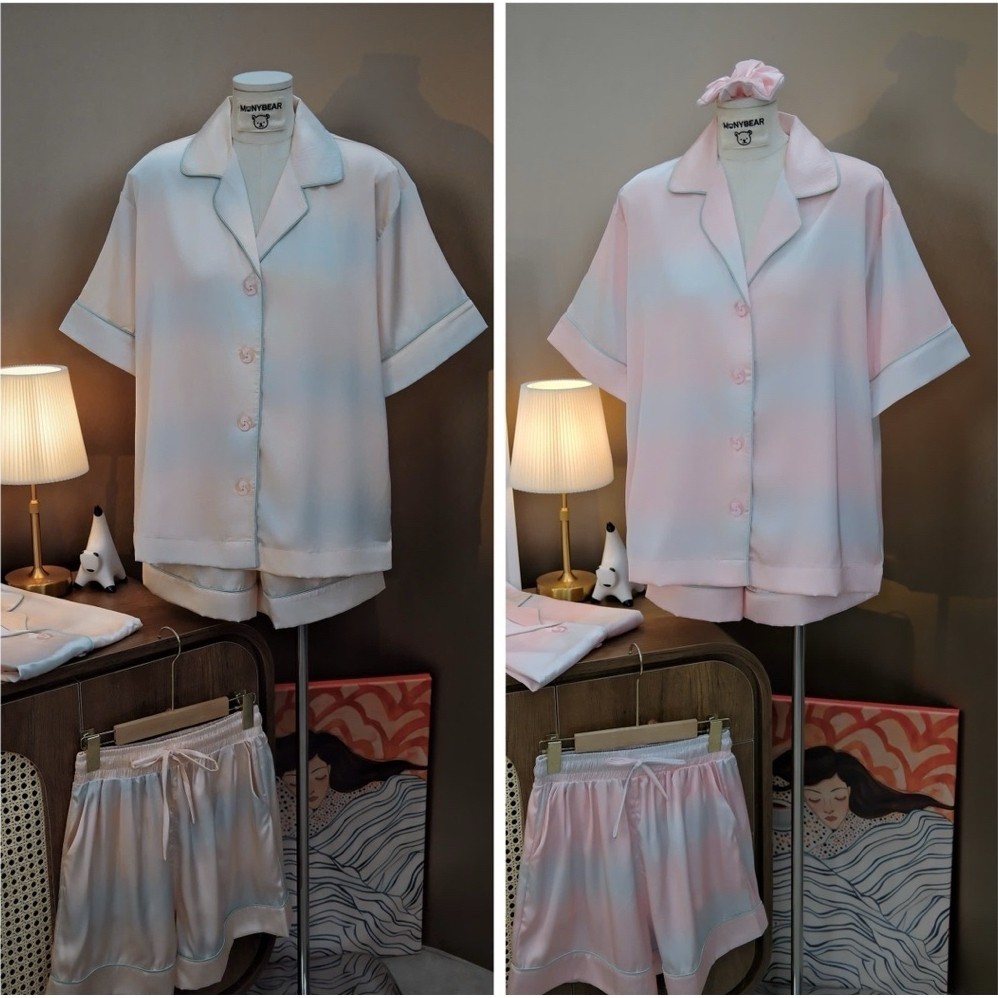 Suzhou Silk Thigh Sleeve Monybear Pajama Set - Mb0060