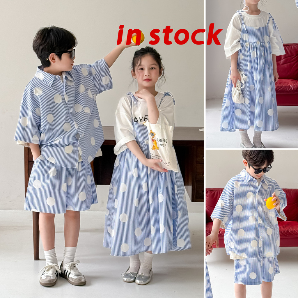 [Grojoy] (คลังสินค้าพร้อม) เสื้อผ้าเด็ก 2026 ฤดูร้อนสไตล์ใหม่เกาหลีรุ่น Polka Dot Boy เสื้อชุด + สาวแนวตั้งลายสลิงชุด A0371