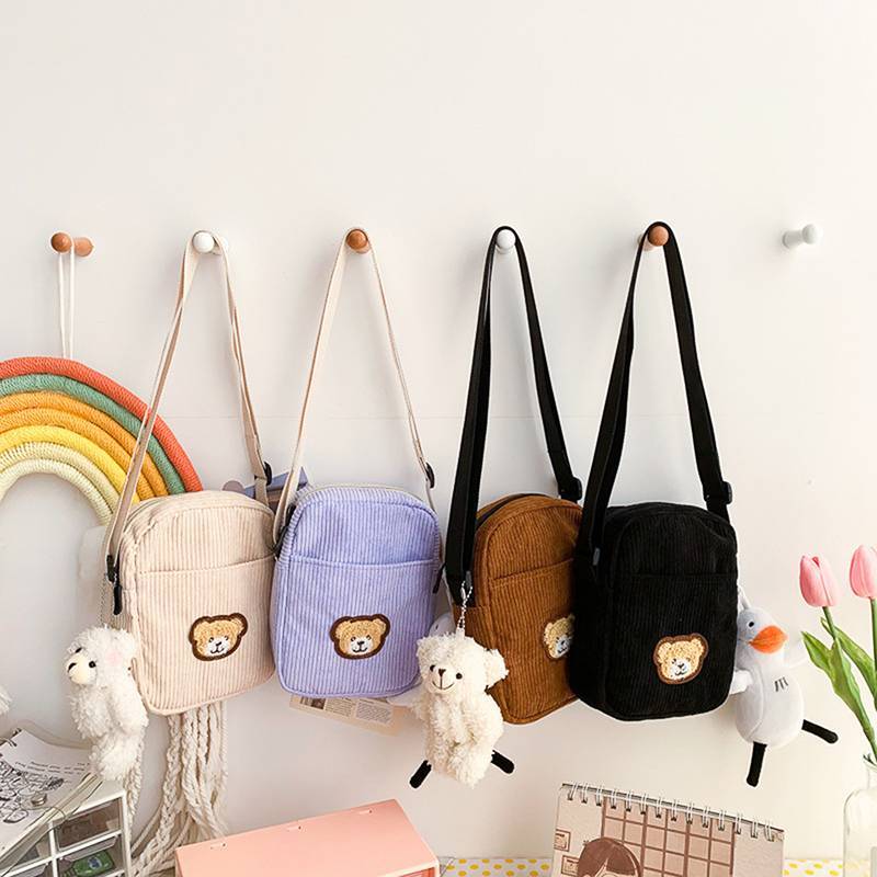 [fnuwtriy] Portable Corduroy Bear Phone Crossbody Bag Mobile Phone Coin Purse Fashion Cross Small Ba