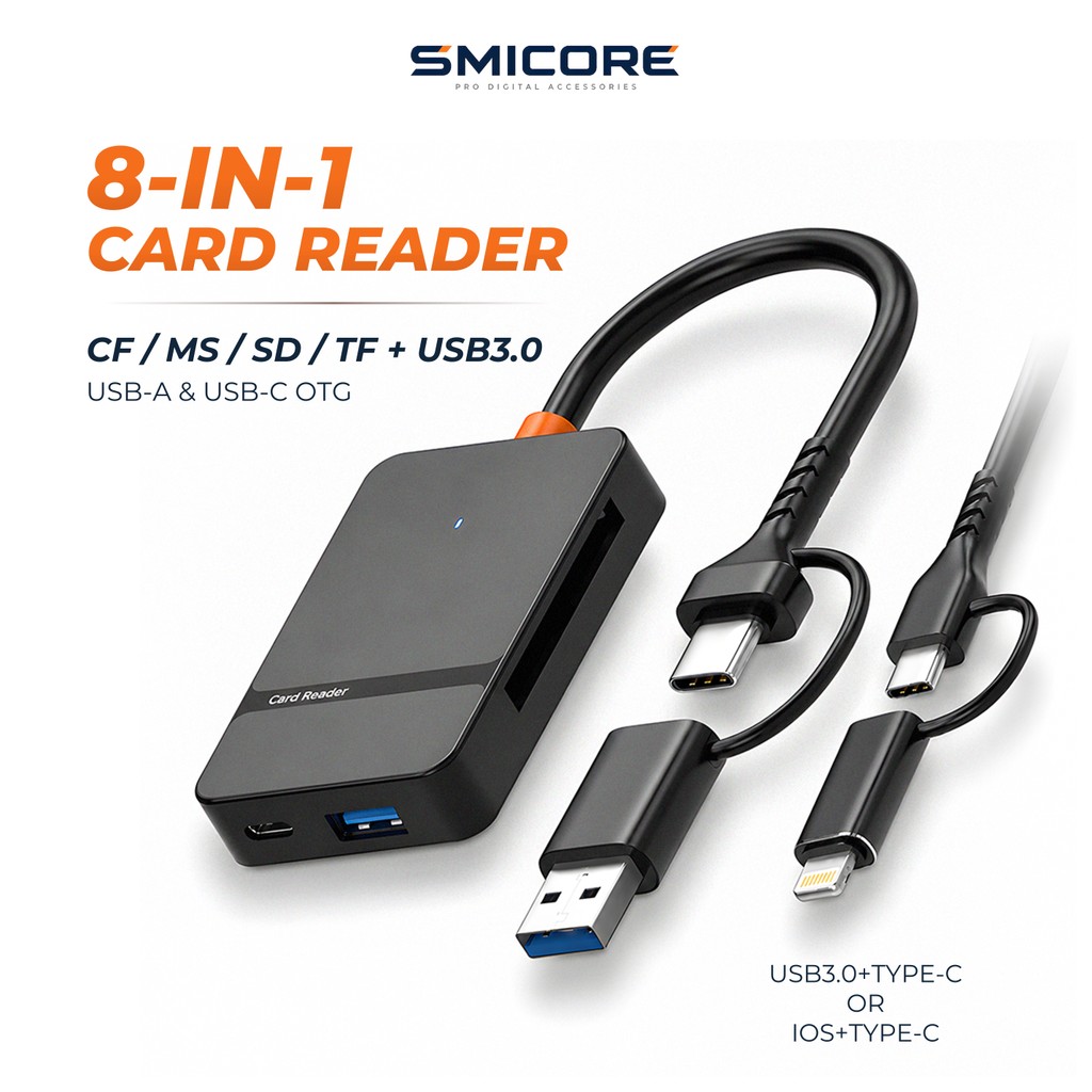 8-in-1 OTG Card Reader USB 3.0 Type-C Hub 5Gbps Data Transfer รองรับ CF MS SD TF สำหรับโทรศัพท์ คอมพิวเตอร์