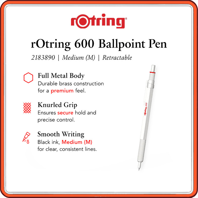 rOtring 600 Ballpoint Pen Retractable Medium Point (M) Premium Metal Writing Pen